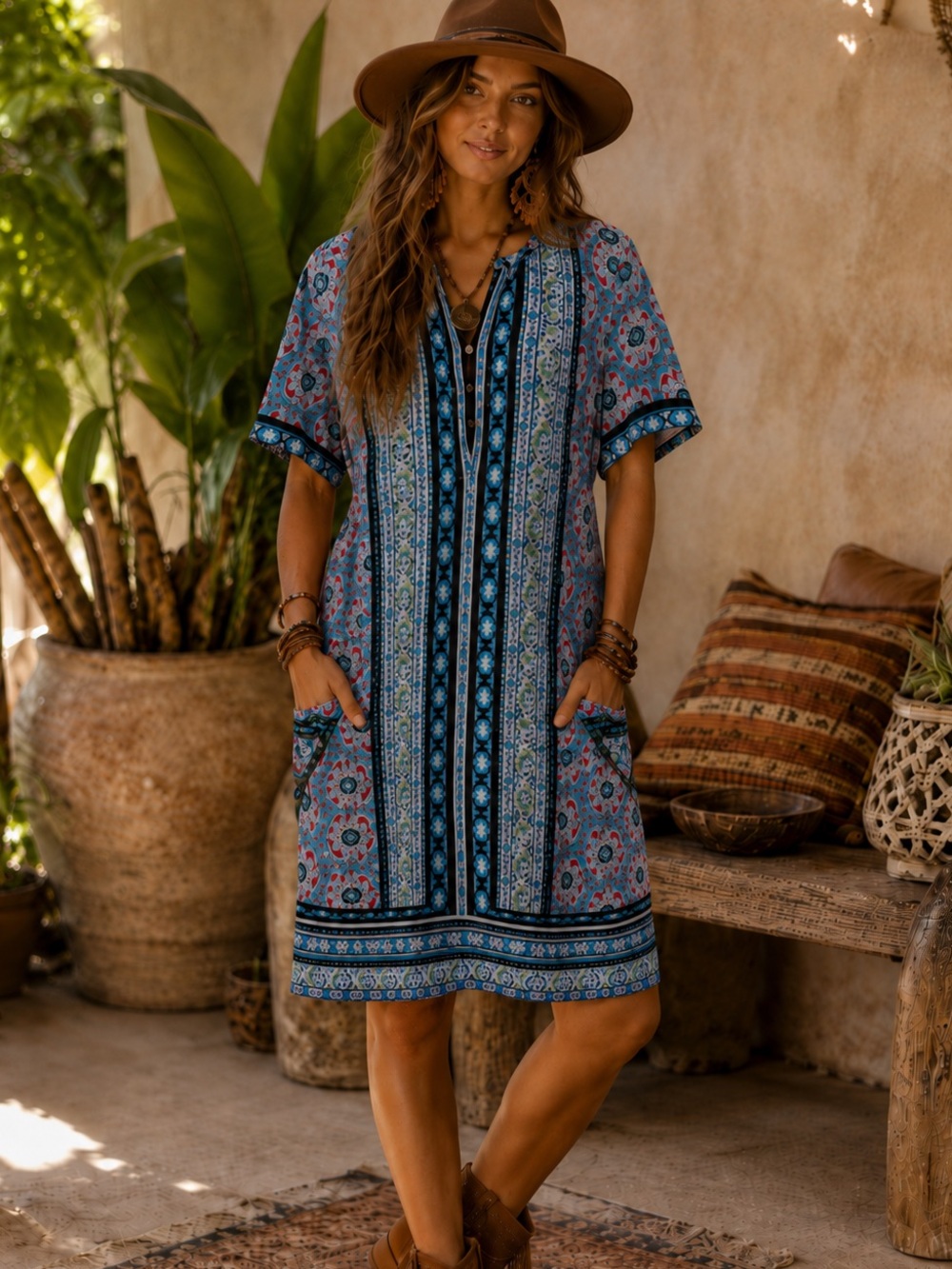 New Directions Boho Paisley Print Pocket Dress Size L